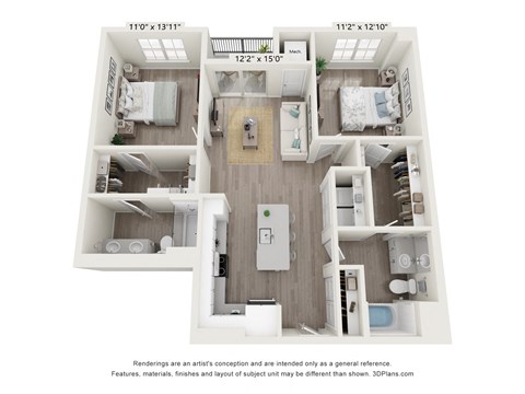 Floor plan for 2 beds, 2 baths, 1021 sqft